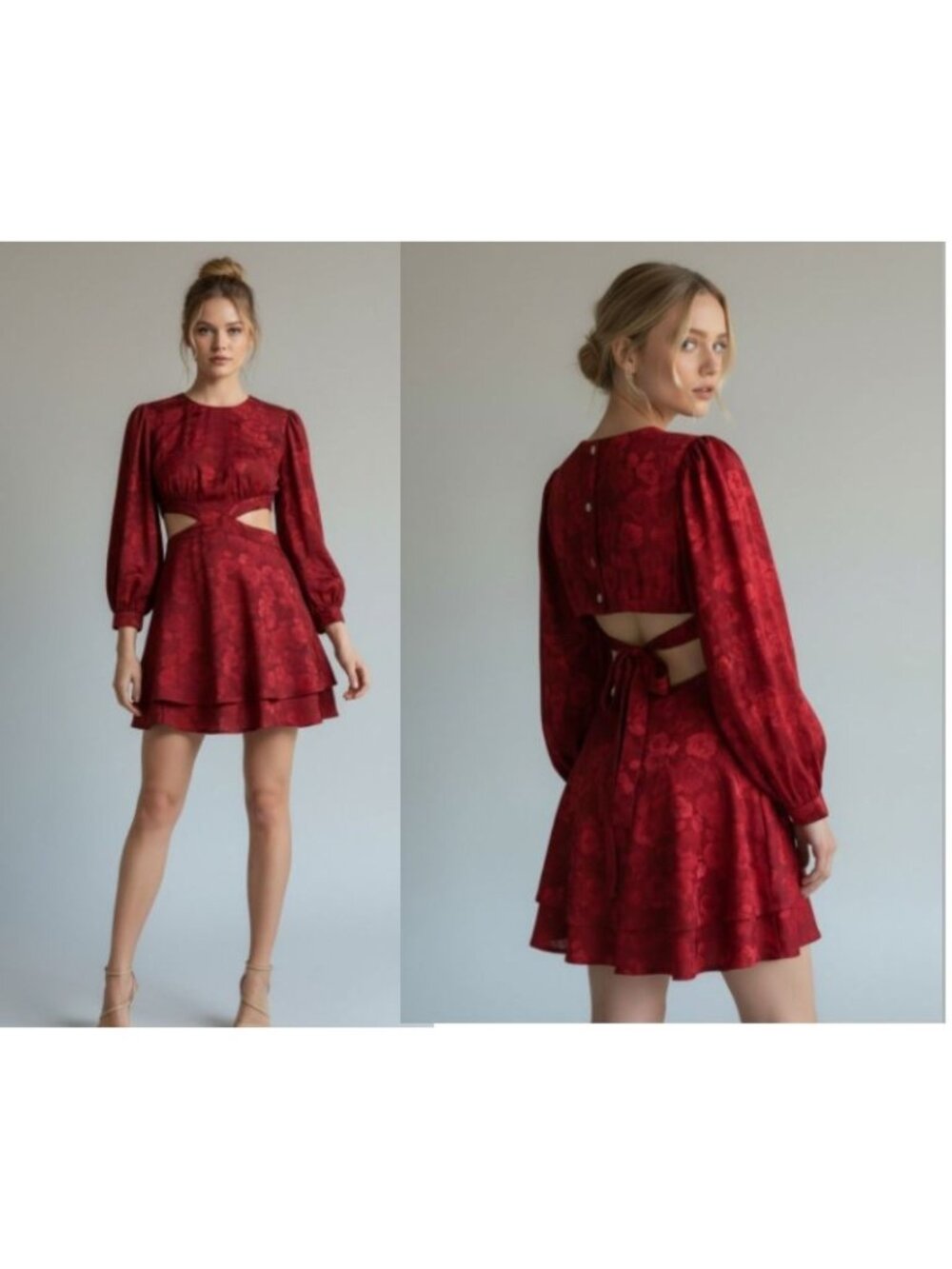 RAHI Flora Cutout Long Sleeve Mini Dress in Ruby Red, Sz. S